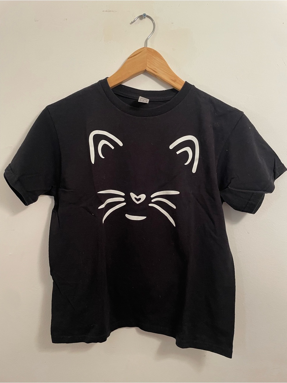 Black Tee with White Cat Face Graphic